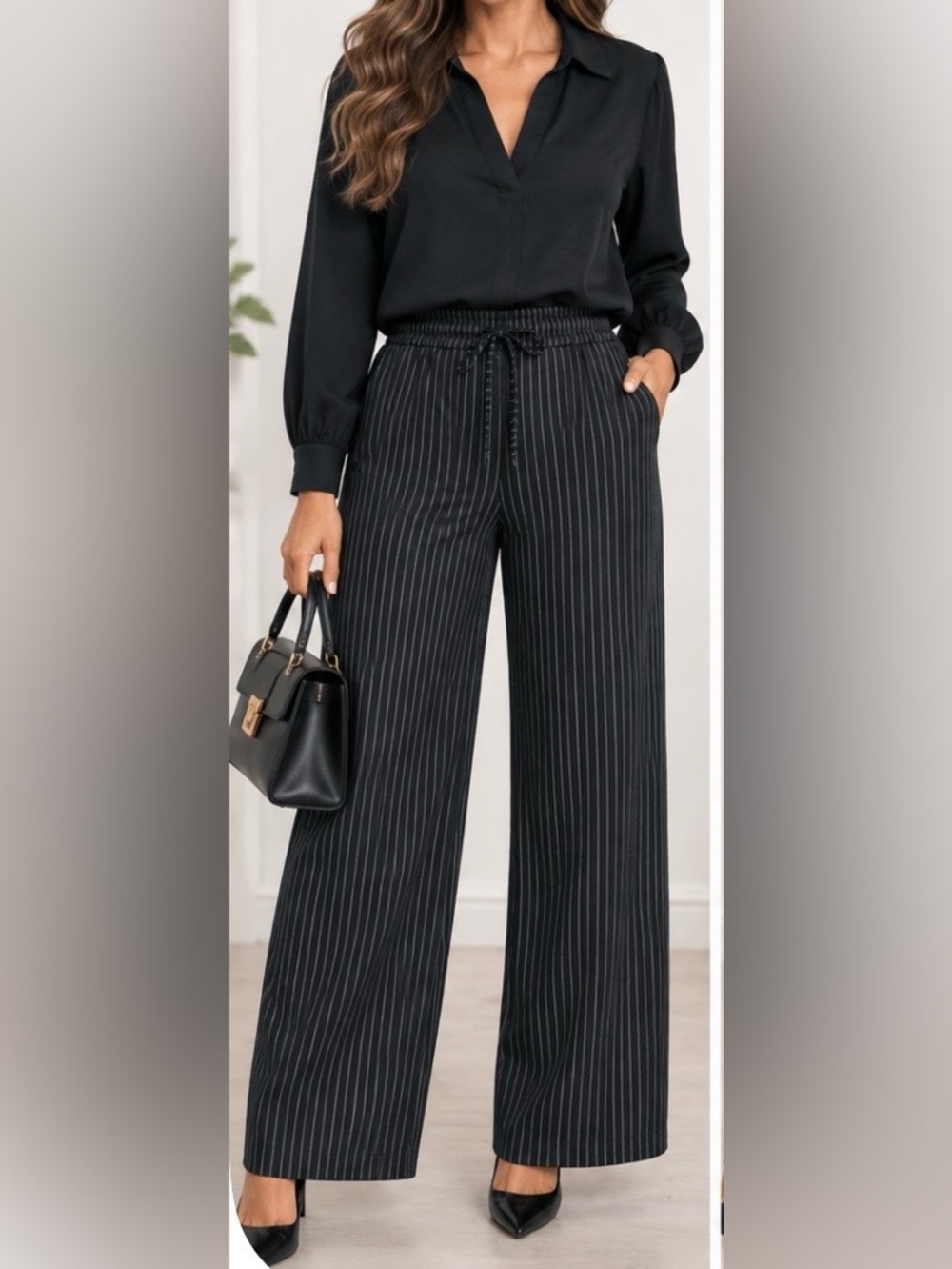Banana Republic Black Pinstripe Wide-Leg Drawstring Pants